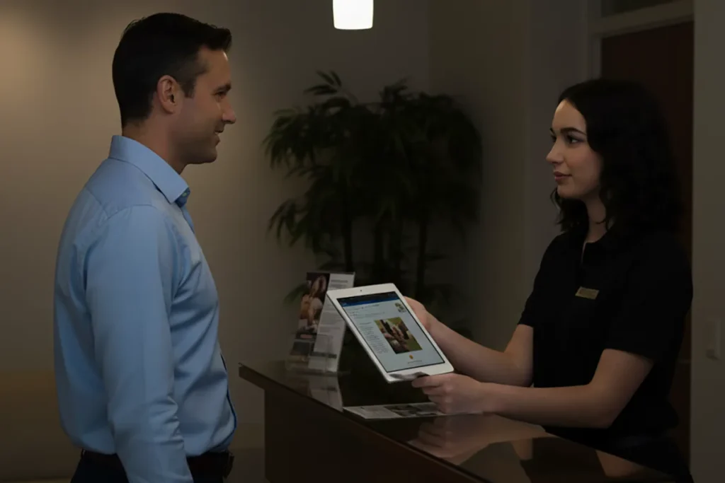 Cliente na recepção de clínica de massagem