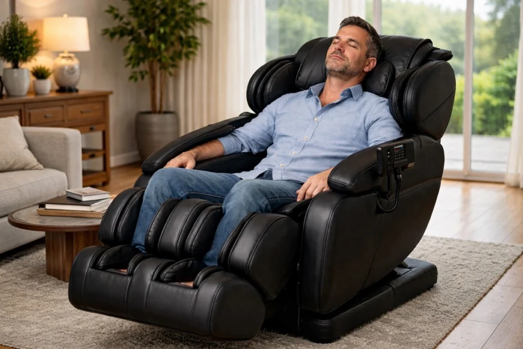 Homen sentado em cadeira de massagem
